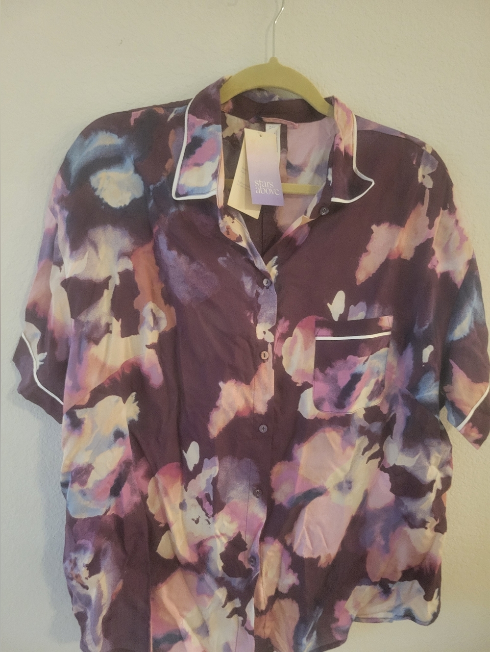 Stars Above Target Purple Watercolor-Print Short Sleeve Button Shirt Pajama Top